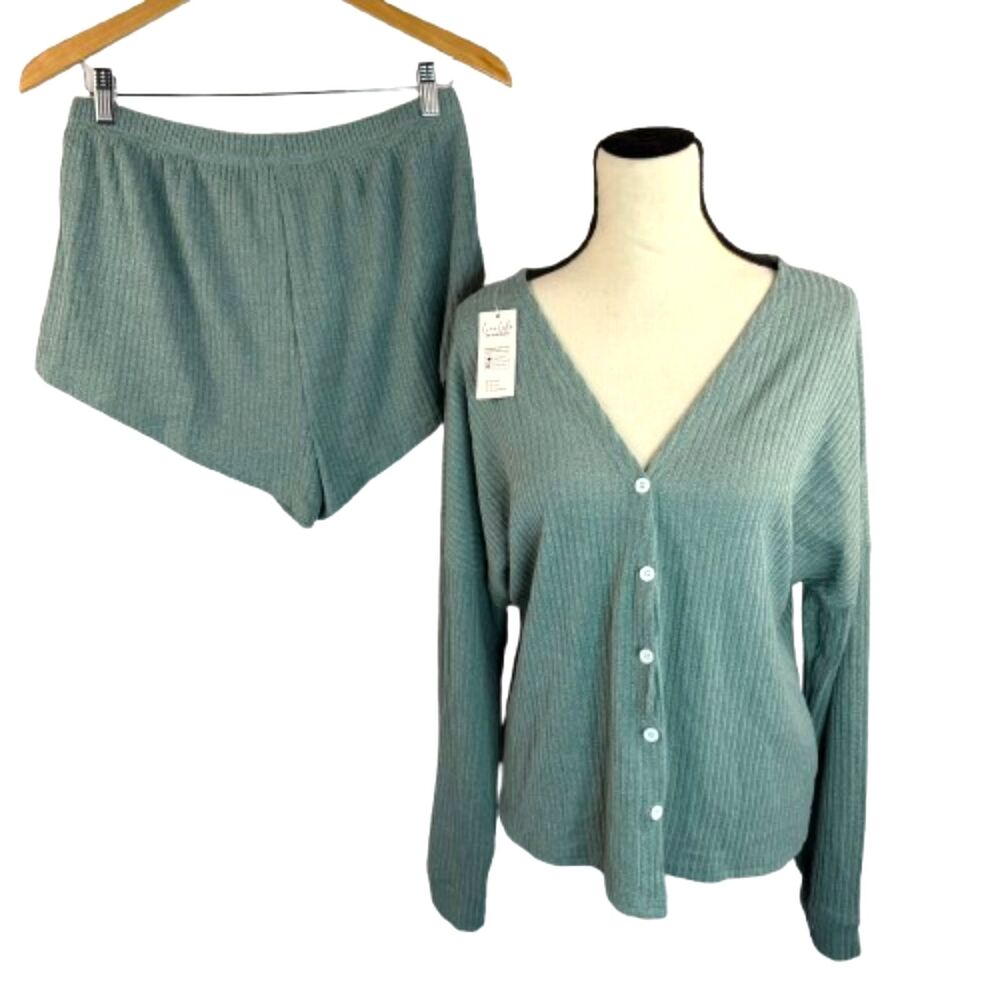 Cupshe NWT Sage Ribbed Front Button Long Sleeve & Shorts Pajama Set Size XL